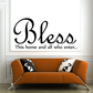 Black wall decal text: “Bless this home and all who enter…”