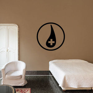 Blood donation wall decal: black circle with teardrop and plus symbol