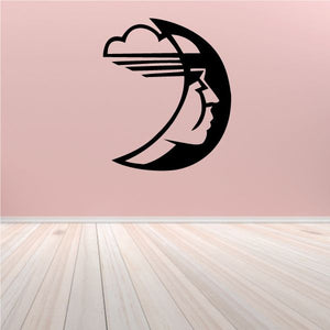 Black crescent moon wall decal with stylized face and horizontal lines