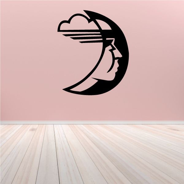 Black crescent moon wall decal with stylized face and horizontal lines