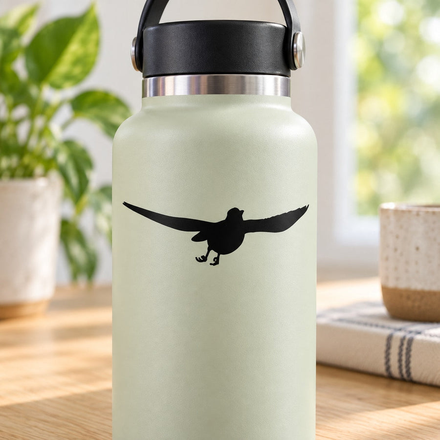 Black soaring bird decal on a light-colored water bottle