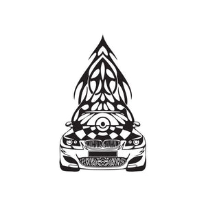 Black-and-white hoodie with checkered tribal decal and hood graphic