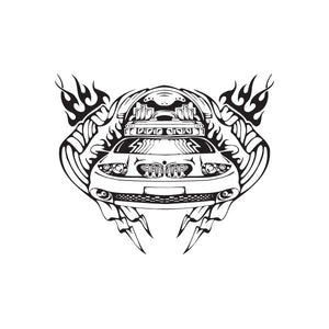 Car front decal with flames and banner-style graphics