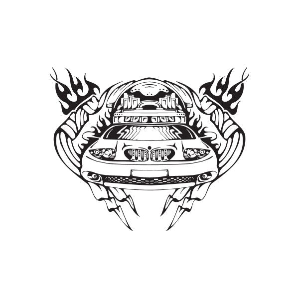 Car front decal with flames and banner-style graphics