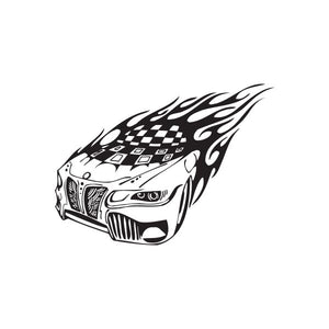 BMW front end decal with checkered flag flames, black and white
