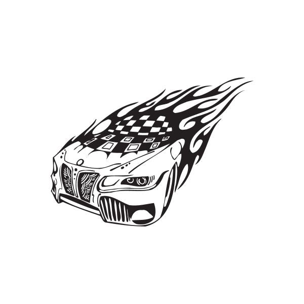 BMW front end decal with checkered flag flames, black and white