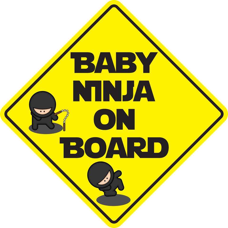 Yellow diamond baby ninja on board sticker with black border and ninja figure
