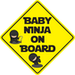 Yellow diamond baby ninja on board sticker with black border and ninja figure