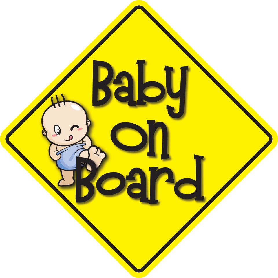 Baby on board sticker, yellow diamond with black border, baby boy cartoon and text