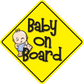 Baby on board sticker, yellow diamond with black border, baby boy cartoon and text