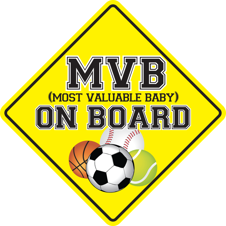 Yellow diamond baby on board sticker with MVB text and soccer, basketball, baseball icons