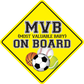 Yellow diamond baby on board sticker with MVB text and soccer, basketball, baseball icons