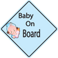 Baby on Board diamond sticker with light blue background and baby illustration