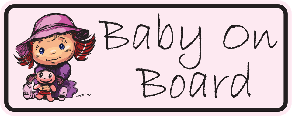 Baby on Board sticker with cartoon baby girl in hat holding a small doll