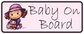 Baby on Board sticker with cartoon baby girl in hat holding a small doll