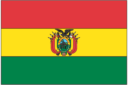 Rectangular Bolivia flag sticker with red, yellow, and green stripes and coat of arms