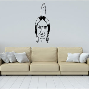 Native American face decal with feather headdress in black line art