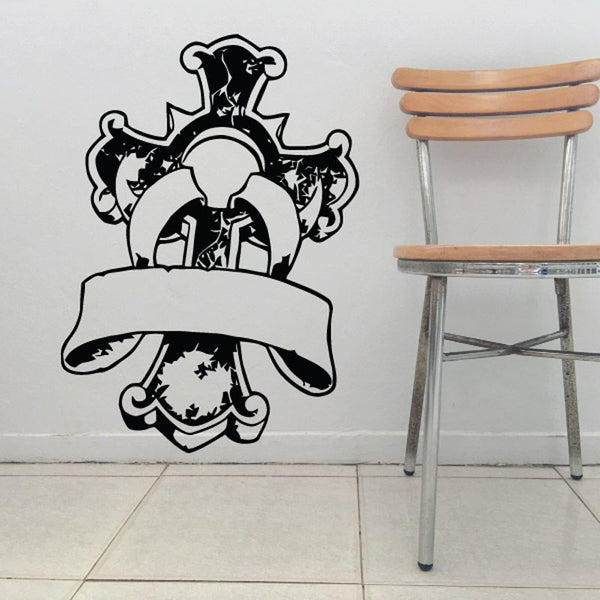 Cross wall decal with scroll and starburst details, black and white