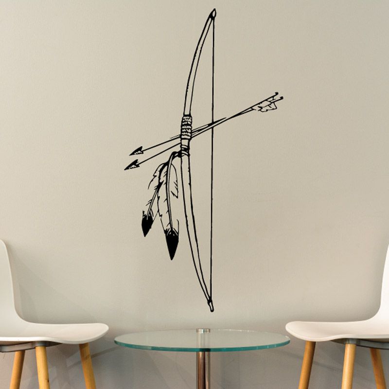 Black bow and arrow decal with feathered arrow and bow string illustration
