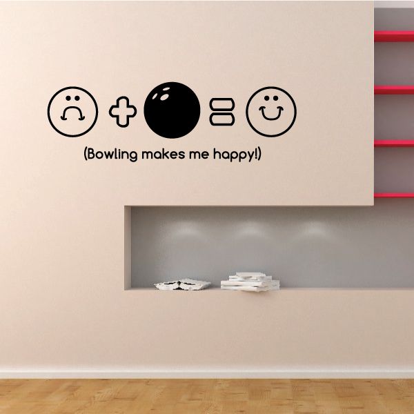 Bowling makes me happy decal with smiling bowling ball icons and text