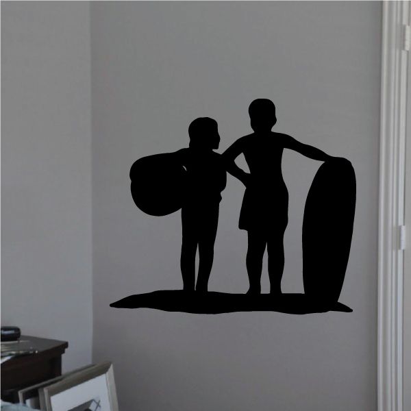 Boy and girl surfing decal with two dark silhouette surfers and surfboards