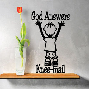 Black wall decal with raised-child silhouette and text 'God Answers Knee-mail'.
