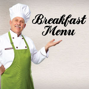 Breakfast Menu wall decal with chef figure and green apron, black script text