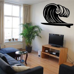 Black wave wall decal with swirling crest and shelf-like base.