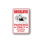 Bricklayer parking only sticker with red text and worker graphic