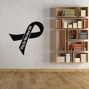 Black ribbon decal with white lettering, wall sticker style