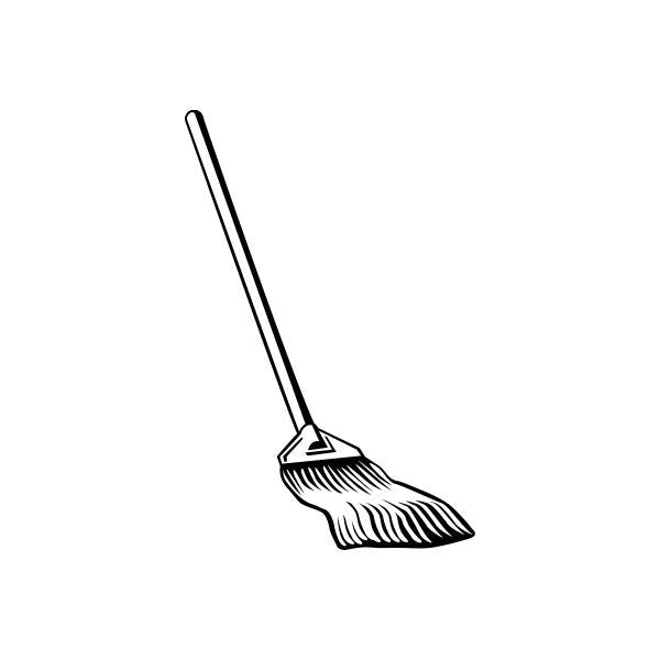 Broom mop tool vinyl decal sticker, black outline with long handle and bristles