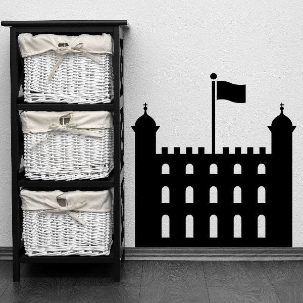 Black Buckingham Palace silhouette decal with flag and castle tower detail