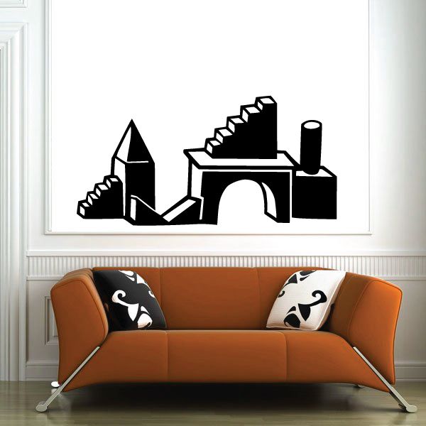 Black building blocks wall decal, castle-like shapes with stepped bricks and a tower