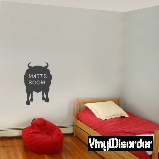 Bull chalkboard decal with speech-bubble shape and "MATT'S ROOM" lettering