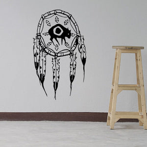 Bull dream catcher decal with black bull head and web, hanging feather design