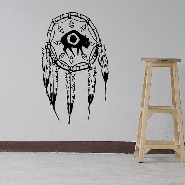 Bull dream catcher decal with black bull head and web, hanging feather design