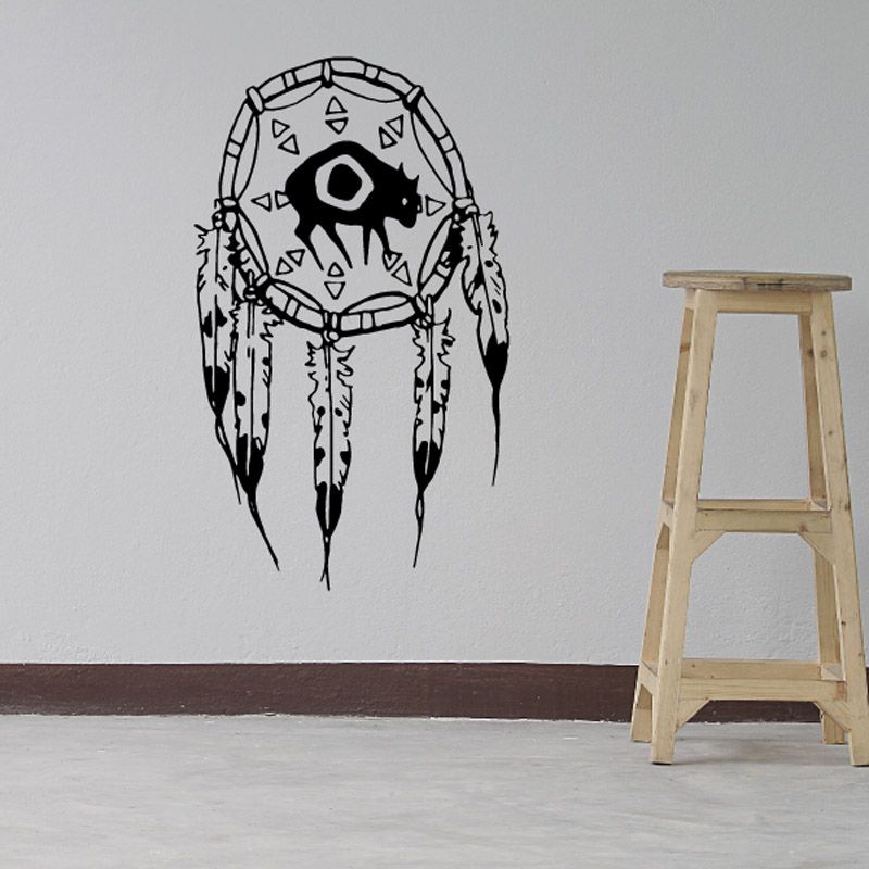 Bull dream catcher decal with black bull head and web, hanging feather design