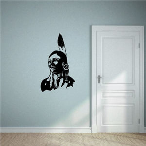 Bull rider wall decal, black silhouette with hat and feather headdress
