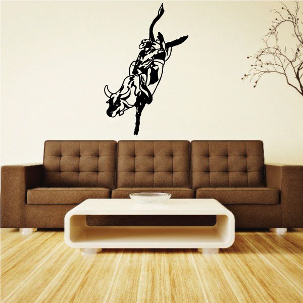 Black bull riding wall decal silhouette of rider and bucking bull