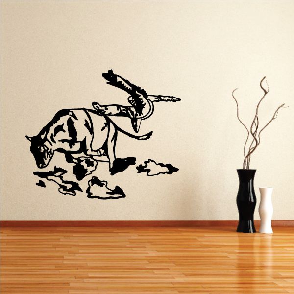 Bull riding wall decal: black rodeo bull with rider silhouette, vinyl sticker