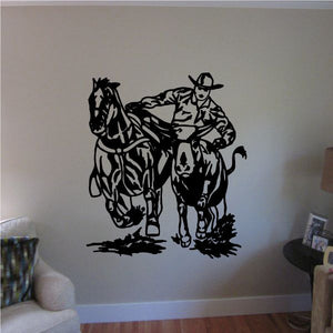 Bull riding vinyl wall decal: cowboy on charging bull, black line art