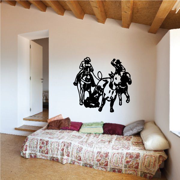 Bull riding wall decal, black silhouette of rider on a bucking bull