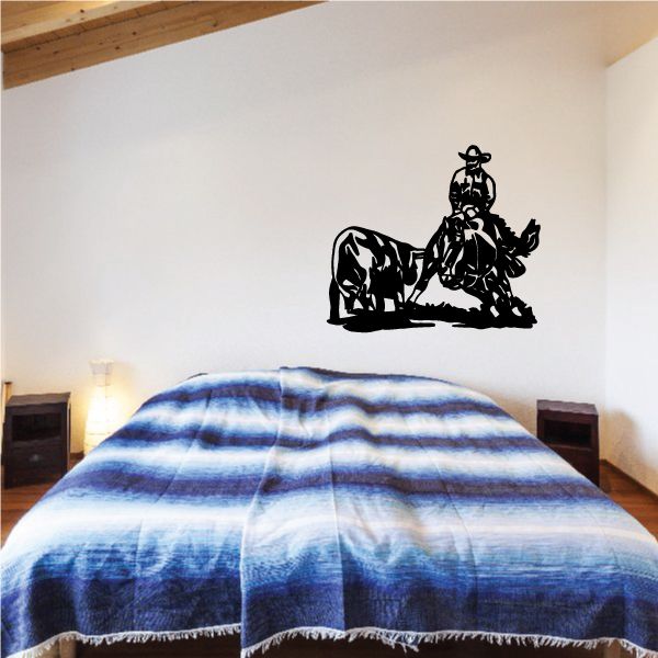 Bull riding wall decal, black cowboy on bull with boots and hat