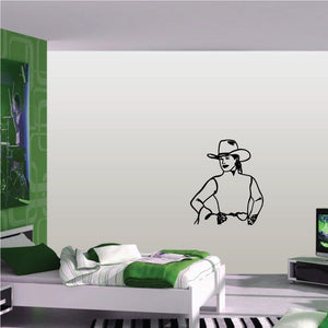 Cowboy wall decal in black line art with hat and rope
