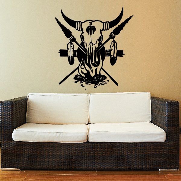 Bull skull decal with crossed spears and campfire graphic, dark on light background