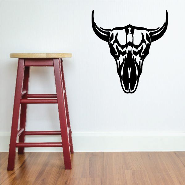 Bull skull southwestern wall decal, black outline skull with long curved horns