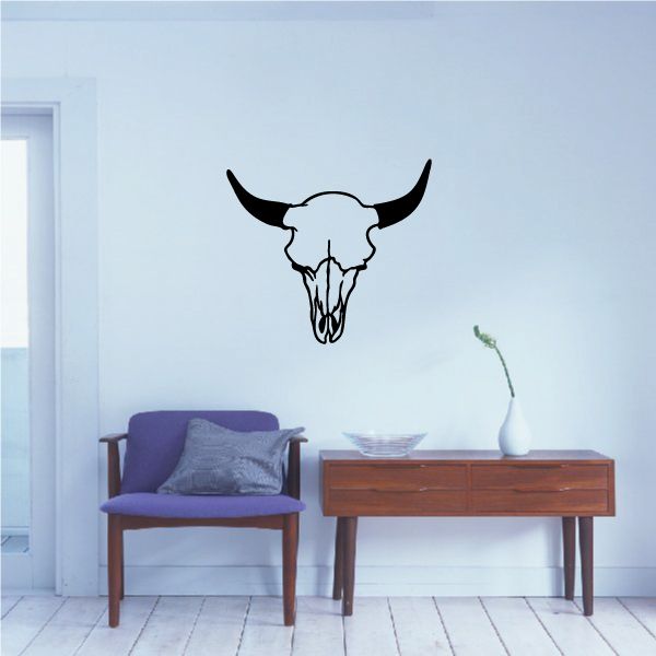 Bull skull wall decal in black with long horns and detailed skull linework