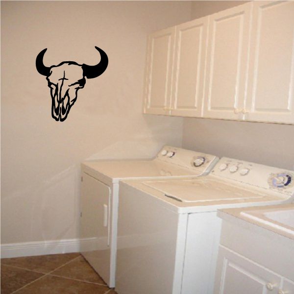 Bull skull wall decal, black vinyl bull skull silhouette on light wall