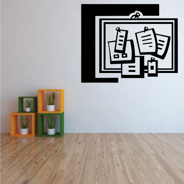 Bulletin board decal with pinned paper and clipboard notes outline design