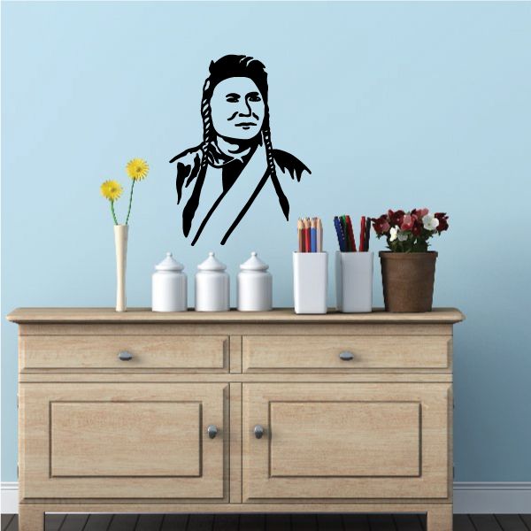 Native American portrait wall decal, black figure with blue scarf details